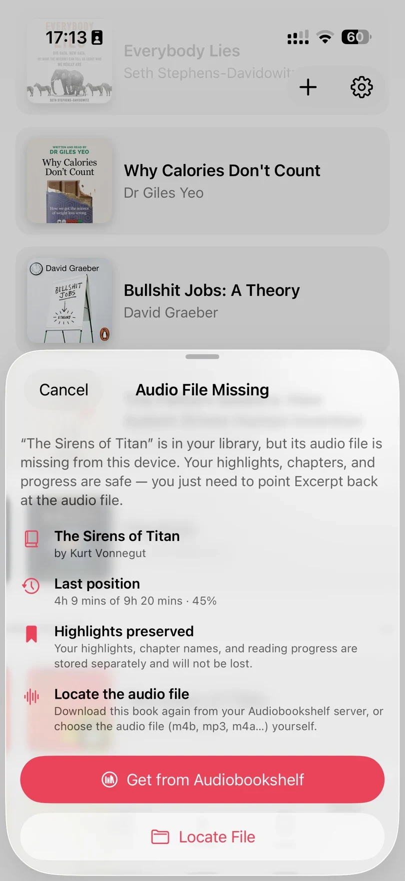 The Audio File Missing sheet for The Sirens of Titan, showing the last position and a note that highlights are preserved, above the Get from Audiobookshelf and Locate File buttons.