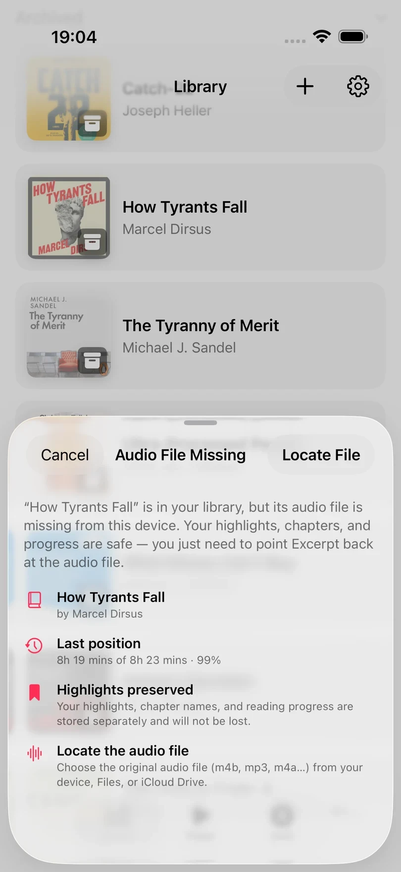 The Audio File Missing sheet for How Tyrants Fall, showing the last position, a note that highlights are preserved, and a Locate File button.
