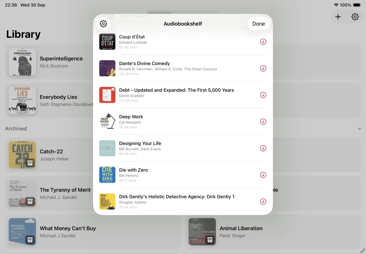 The Audiobookshelf sheet on iPad listing the server's books, each with its cover, author, length, and a download button.