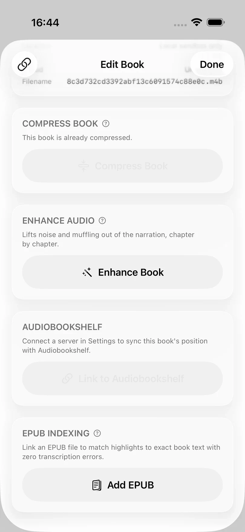 The Edit Book screen scrolled to EPUB Indexing, with the Add EPUB button below the Compress Book, Enhance Audio, and Audiobookshelf sections.