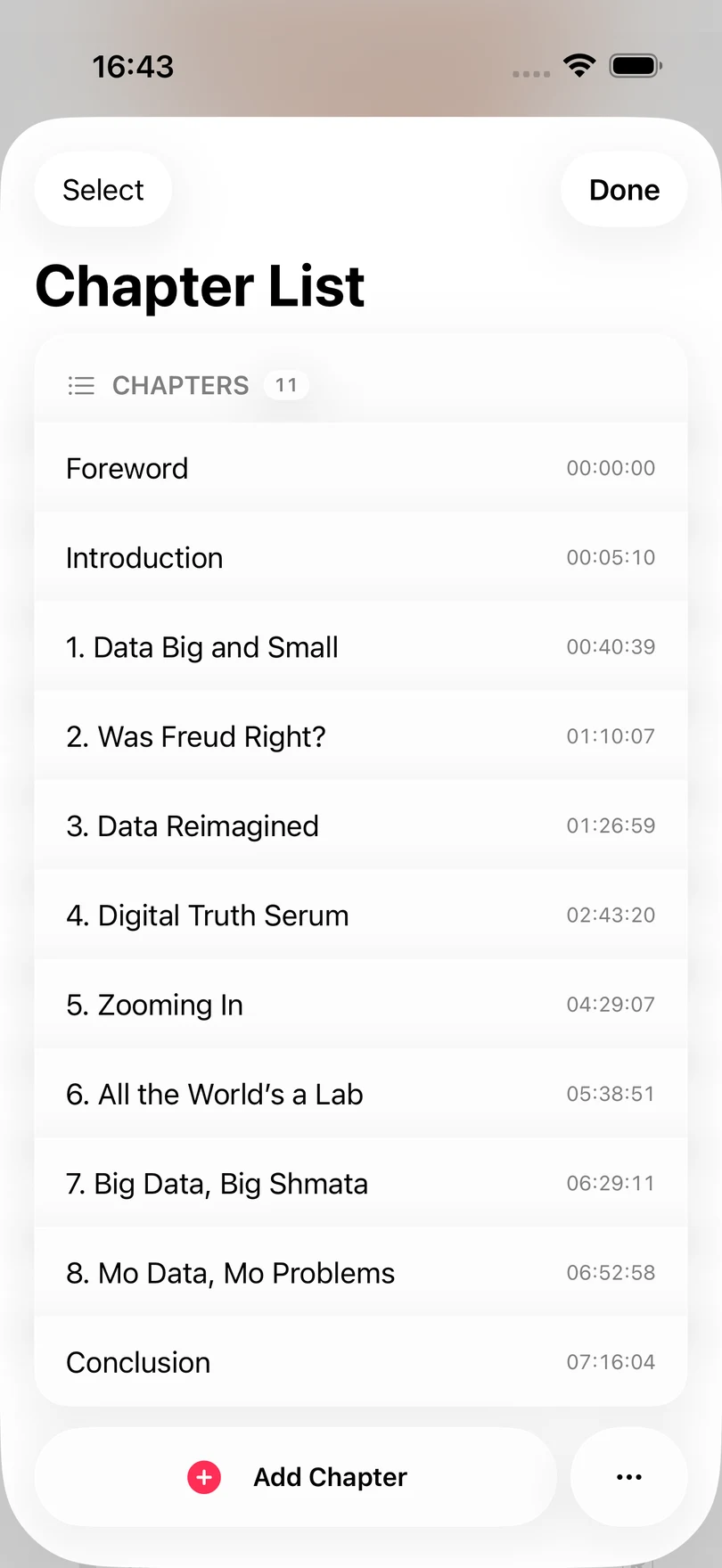 The Chapter List for a book, with eleven chapters and their start times, and Add Chapter at the bottom