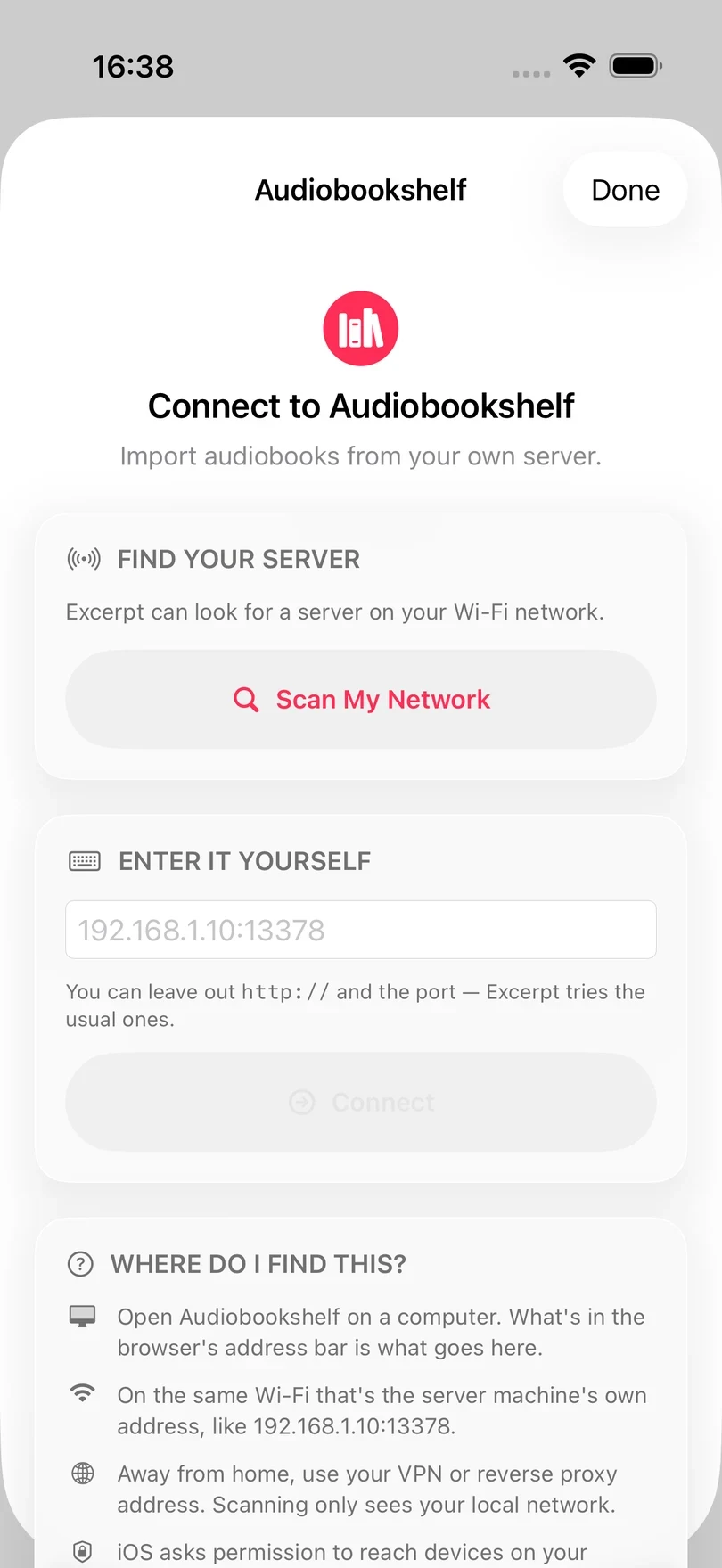The Connect to Audiobookshelf screen, offering to scan the Wi-Fi network or enter a server address.