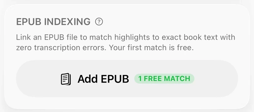 The EPUB Indexing section of Edit Book, reading Your first match is free, with an Add EPUB button marked 1 FREE MATCH.