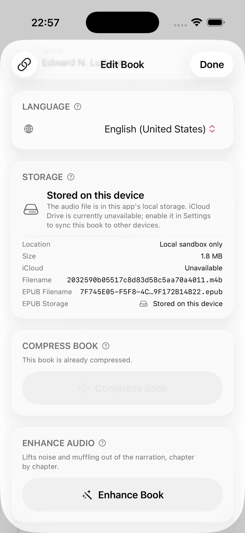 Edit Book scrolled to Storage, showing a book stored on this device with its location, size, iCloud status, and file names, above the Compress Book and Enhance Audio sections.