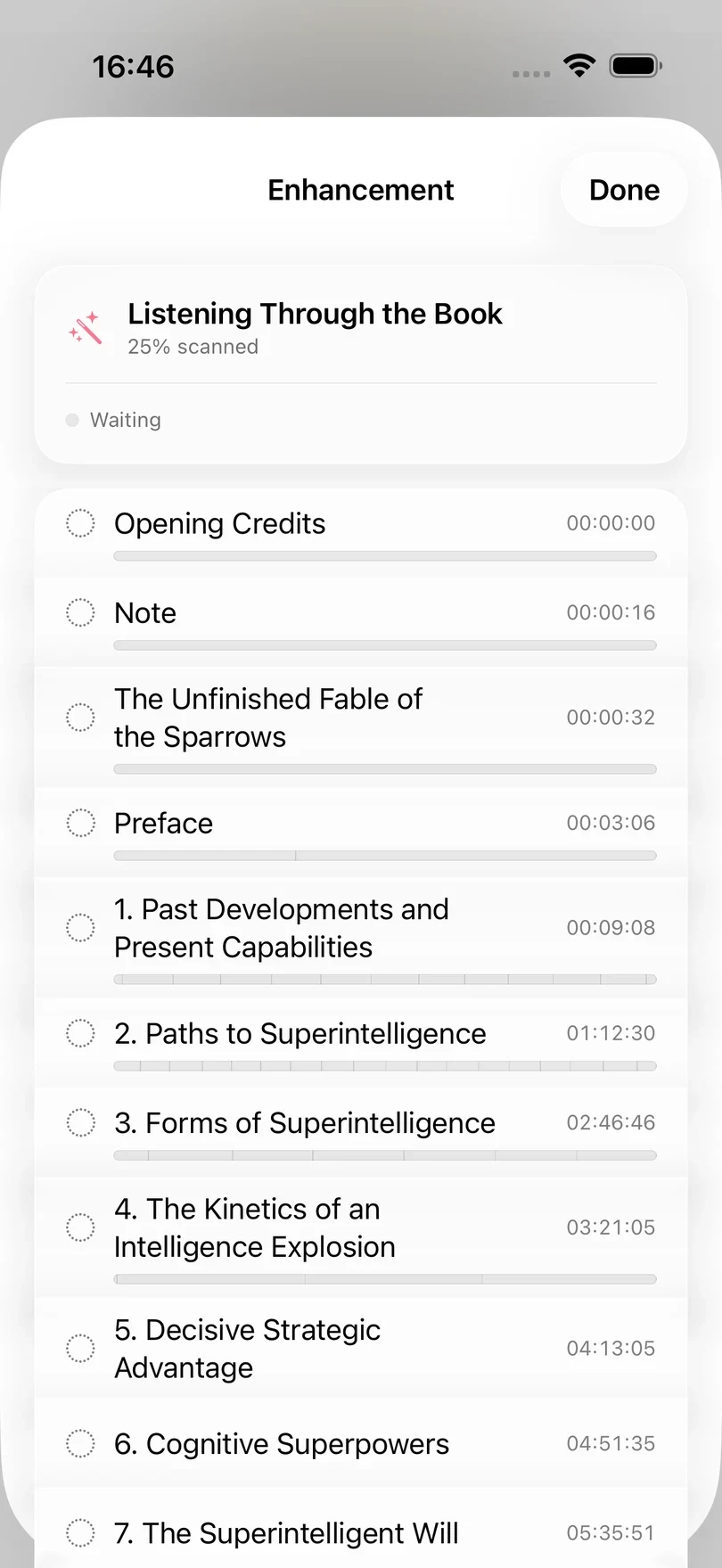 The Enhancement screen, listening through the book at 25% scanned, above the book's chapters with their start times.