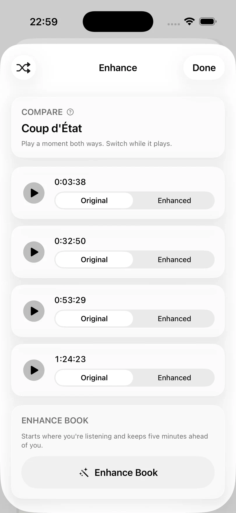 The Enhance sheet for Coup d'État, with four comparison moments that each switch between Original and Enhanced, and an Enhance Book button below.