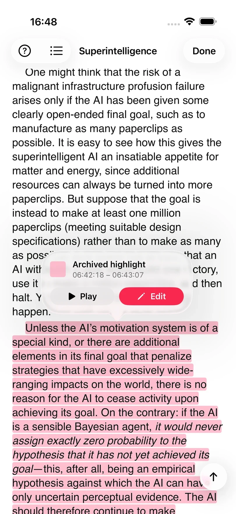 An archived highlight in pink on an ebook page, with a callout showing its start and end times and Play and Edit buttons.
