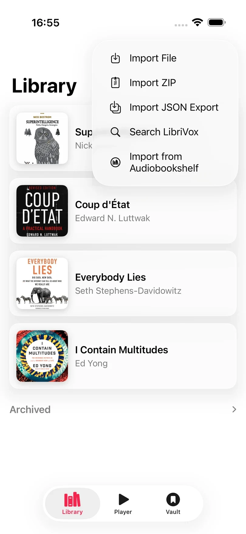 The add menu open in the Excerpt library, listing Import File, Import ZIP, Import JSON Export, Search LibriVox, and Import from Audiobookshelf.