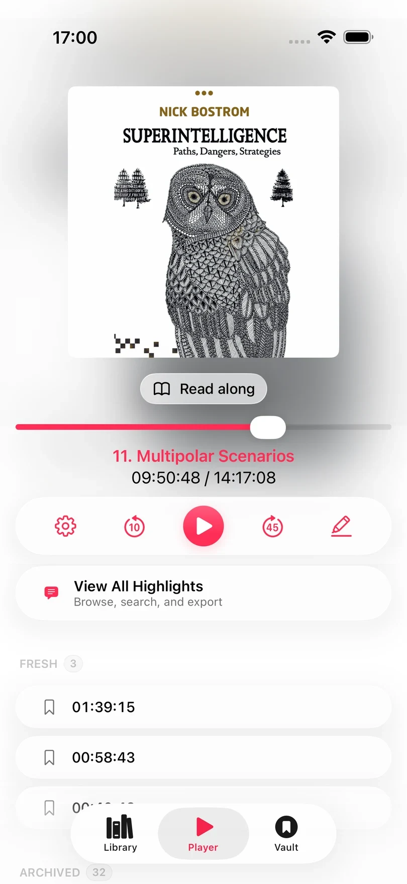 Excerpt's audiobook player on iPhone, with the artwork, the Read along button, the timeline, the playback controls, and the book's latest highlights.