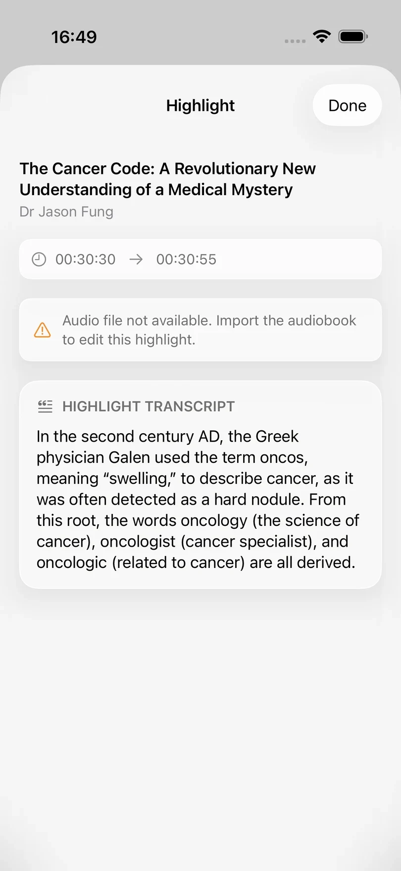 A read-only highlight with its start and end times, a notice that the audio file is not available, and the highlight transcript.