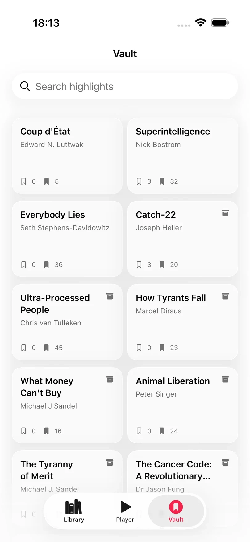 The Vault tab, showing a two-column grid of book cards, each with its title, author, and highlight counts.
