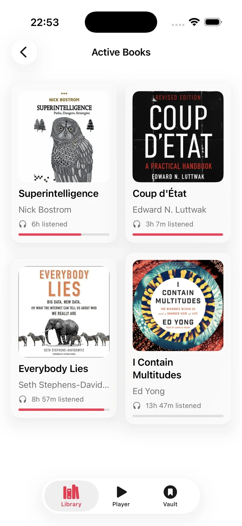 Active Books in Insights, with the covers of four books, the hours listened to each, and a progress bar under every cover.