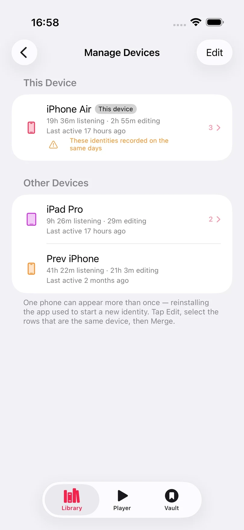 Manage Devices, with this iPhone under This Device and an iPad and an earlier iPhone under Other Devices, and a note on merging duplicates.