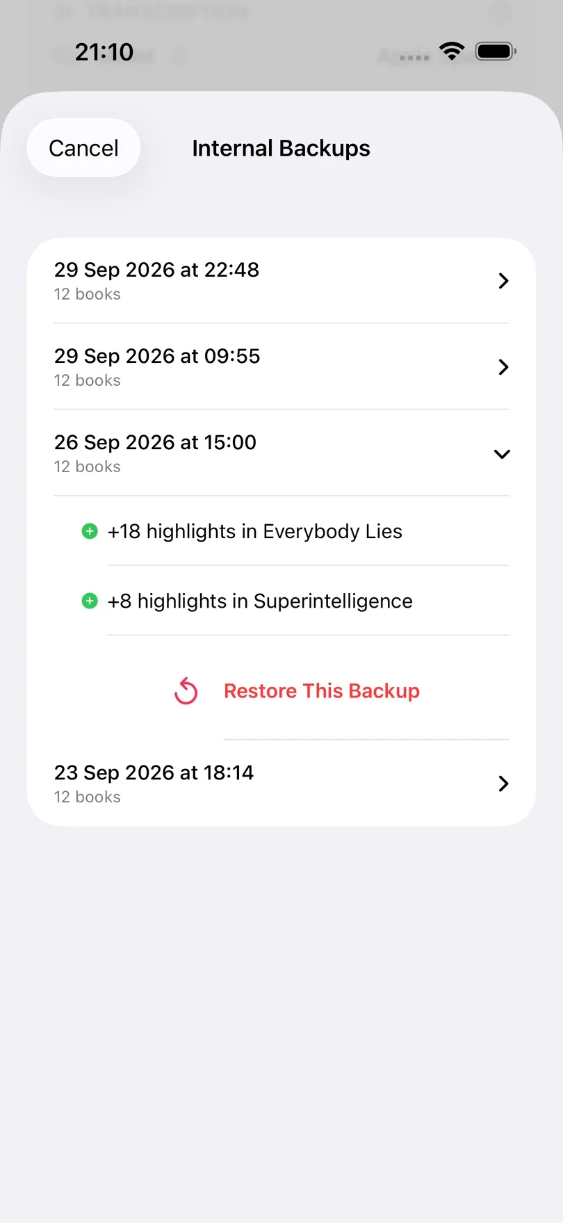 The Internal Backups sheet listing dated backups, one expanded to show the highlights it would add back and a Restore This Backup button.