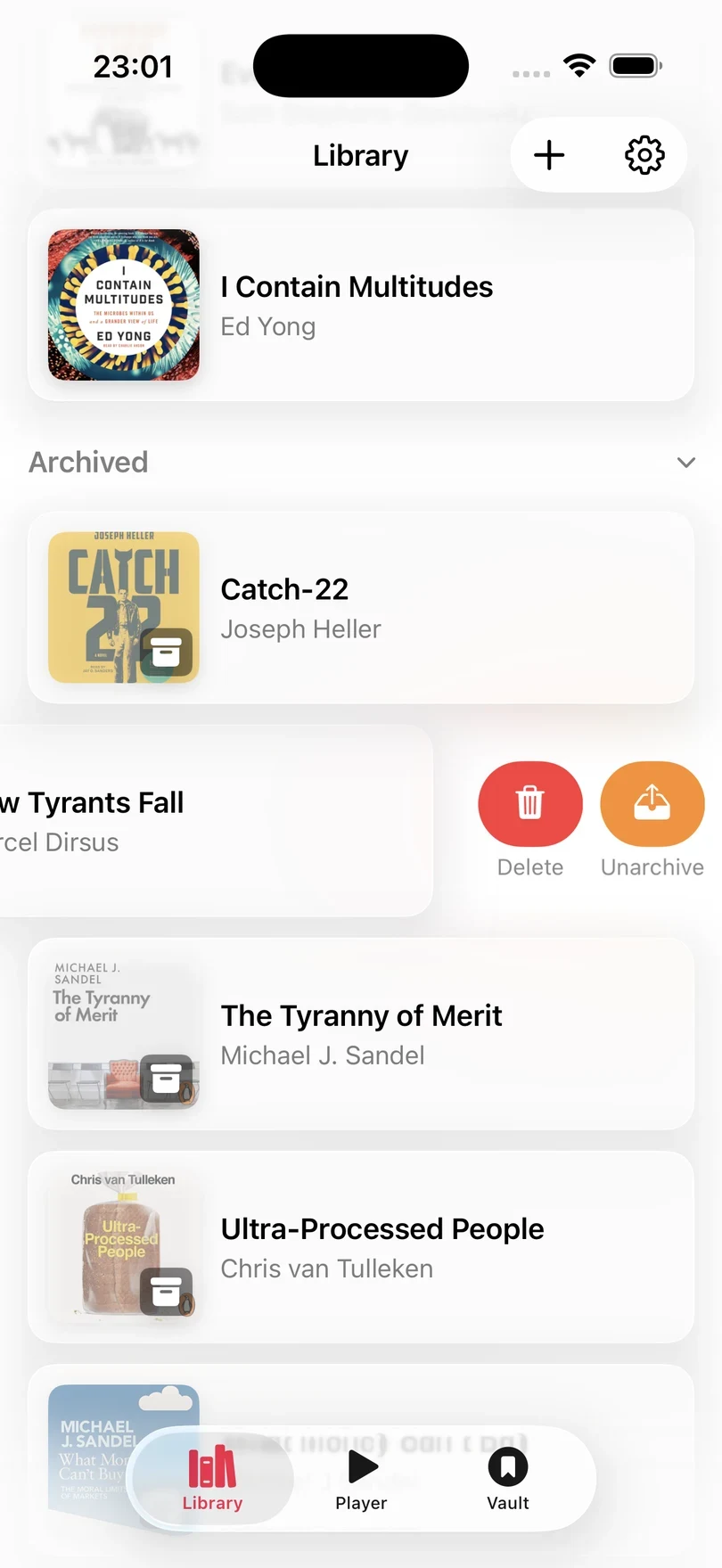 An archived book in the Excerpt Library swiped to the left, showing the Delete and Unarchive buttons.