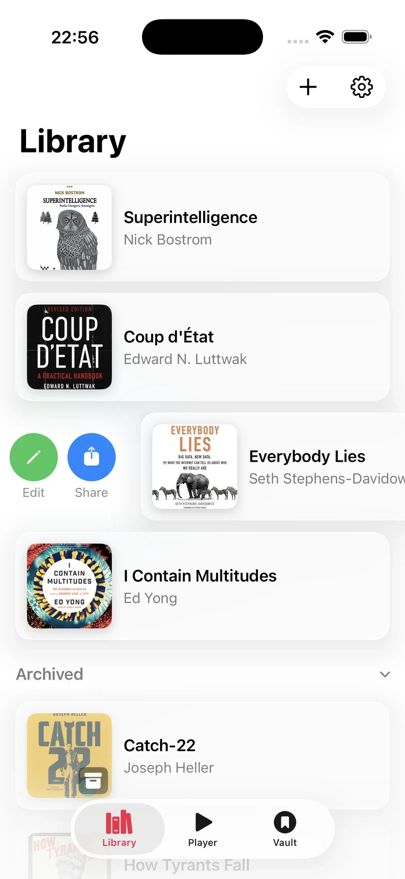 The Excerpt Library with one book swiped to the right, showing the Edit and Share buttons.