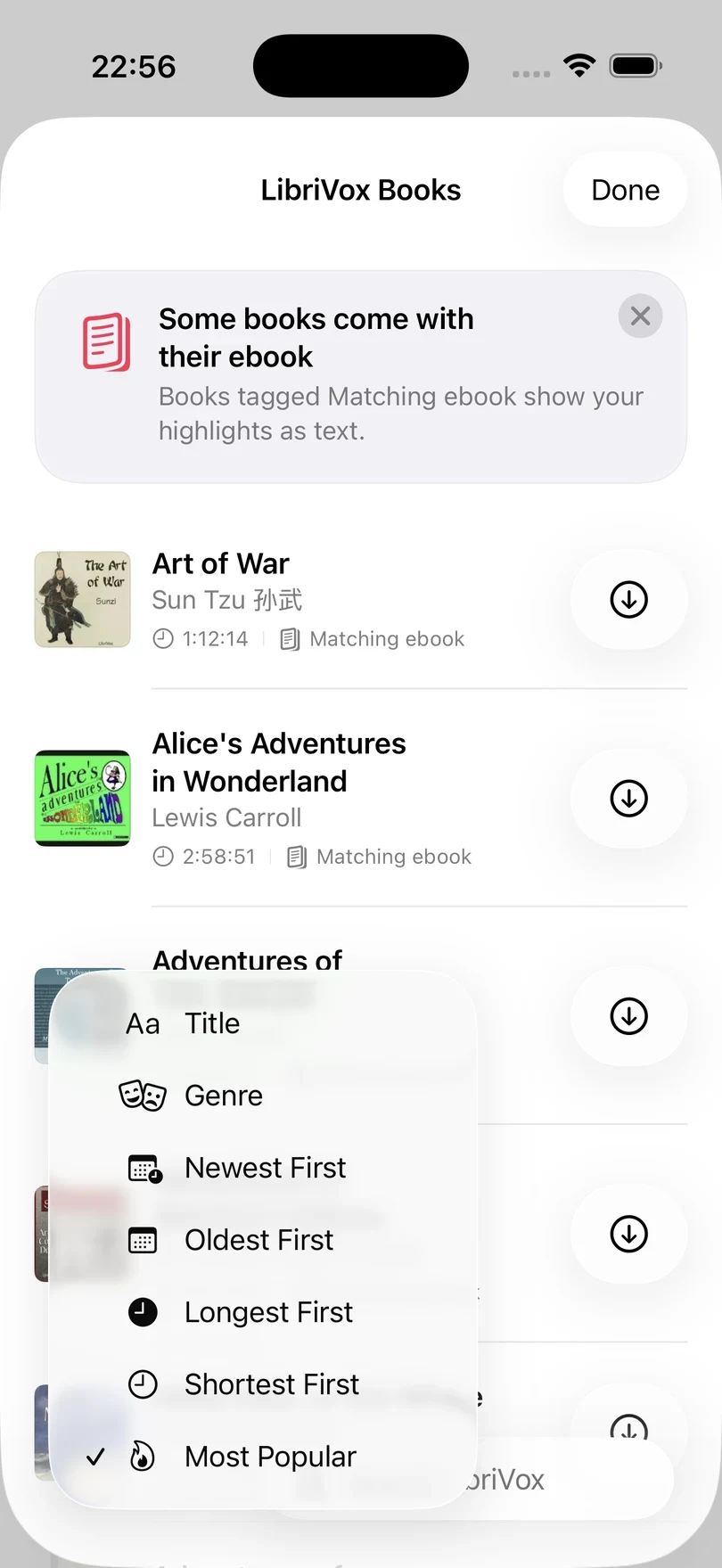 The LibriVox Books sheet with its sort menu open, offering Title, Genre, Newest First, Oldest First, Longest First, Shortest First and Most Popular.
