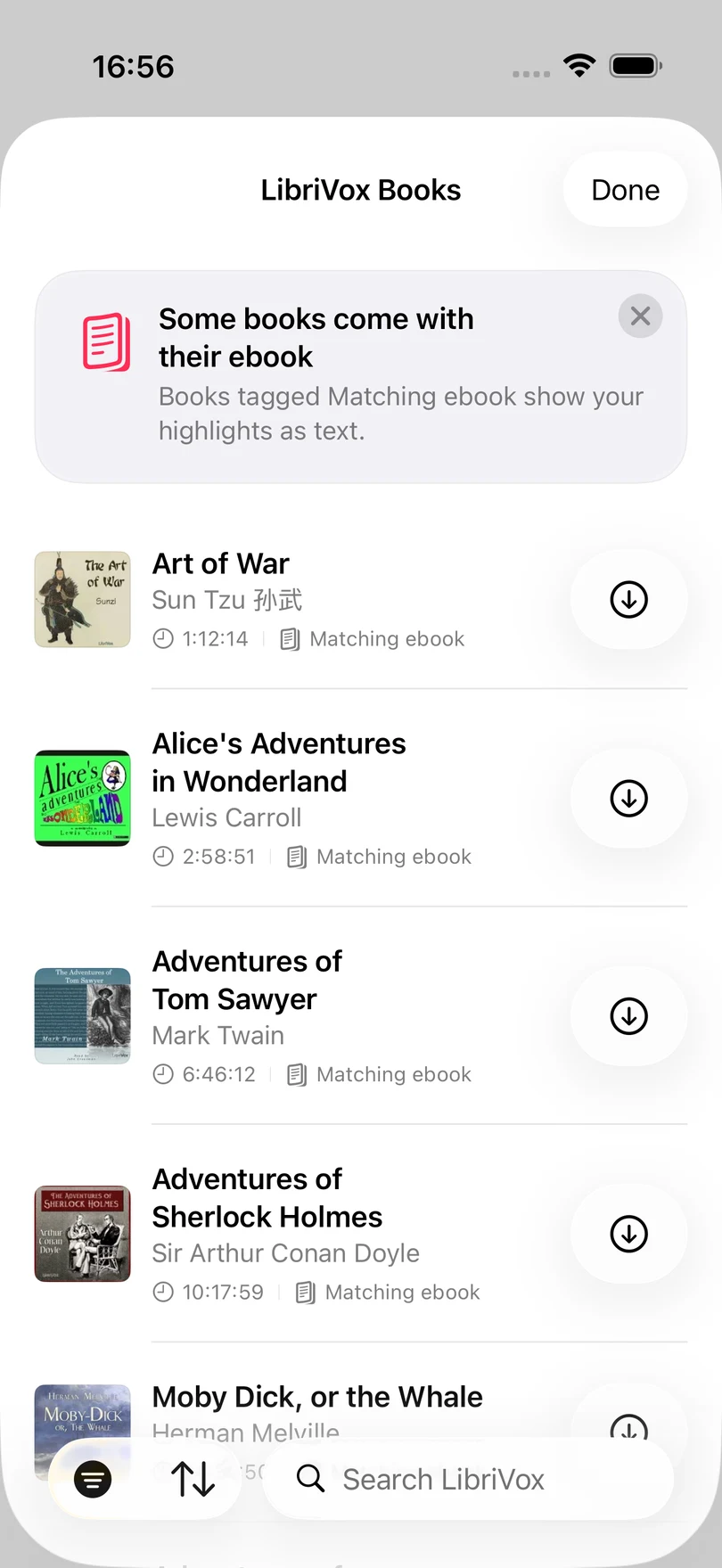 LibriVox search results in Excerpt, each with its author, running time, a Matching ebook tag and a download button