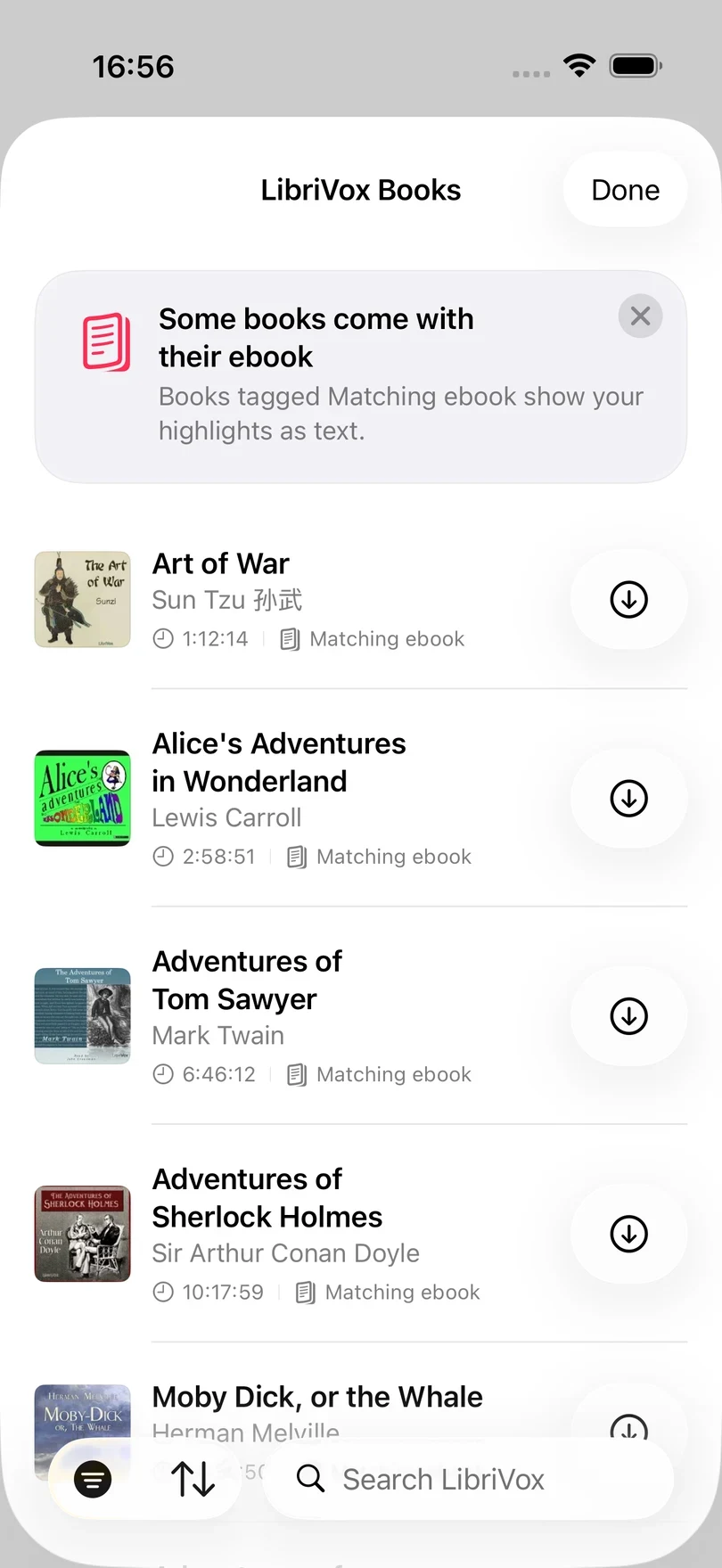 LibriVox search results in Excerpt, each with its author, running time, a Matching ebook tag, and a download button.