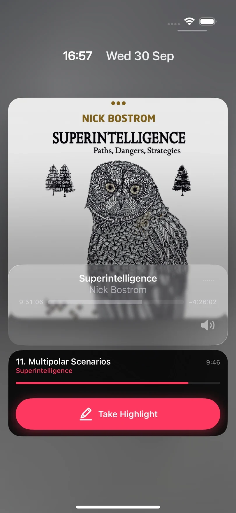 An iPhone Lock Screen with the system playback controls above Excerpt's Live Activity, which shows the current chapter, the book title, the time left in the chapter, a progress bar, and a Take Highlight button.