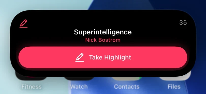 The Dynamic Island on an iPhone expanded to show the book title, its author, and a red Take Highlight button.