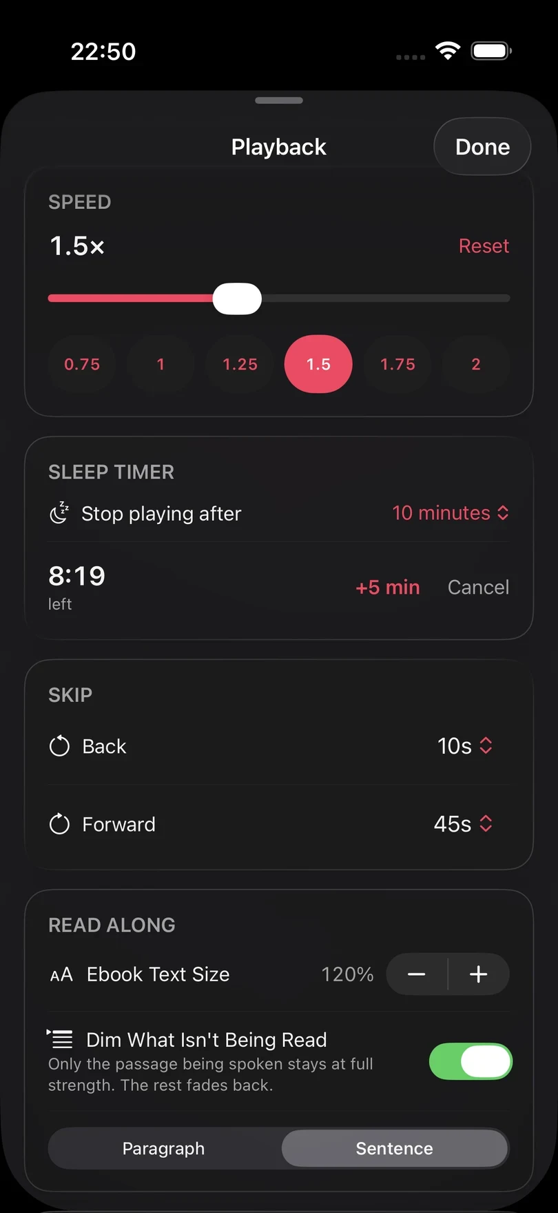The Playback sheet with the speed at 1.5×, a sleep timer showing 8:19 left beside +5 min and Cancel, skip intervals of 10 and 45 seconds, and the Read Along settings.