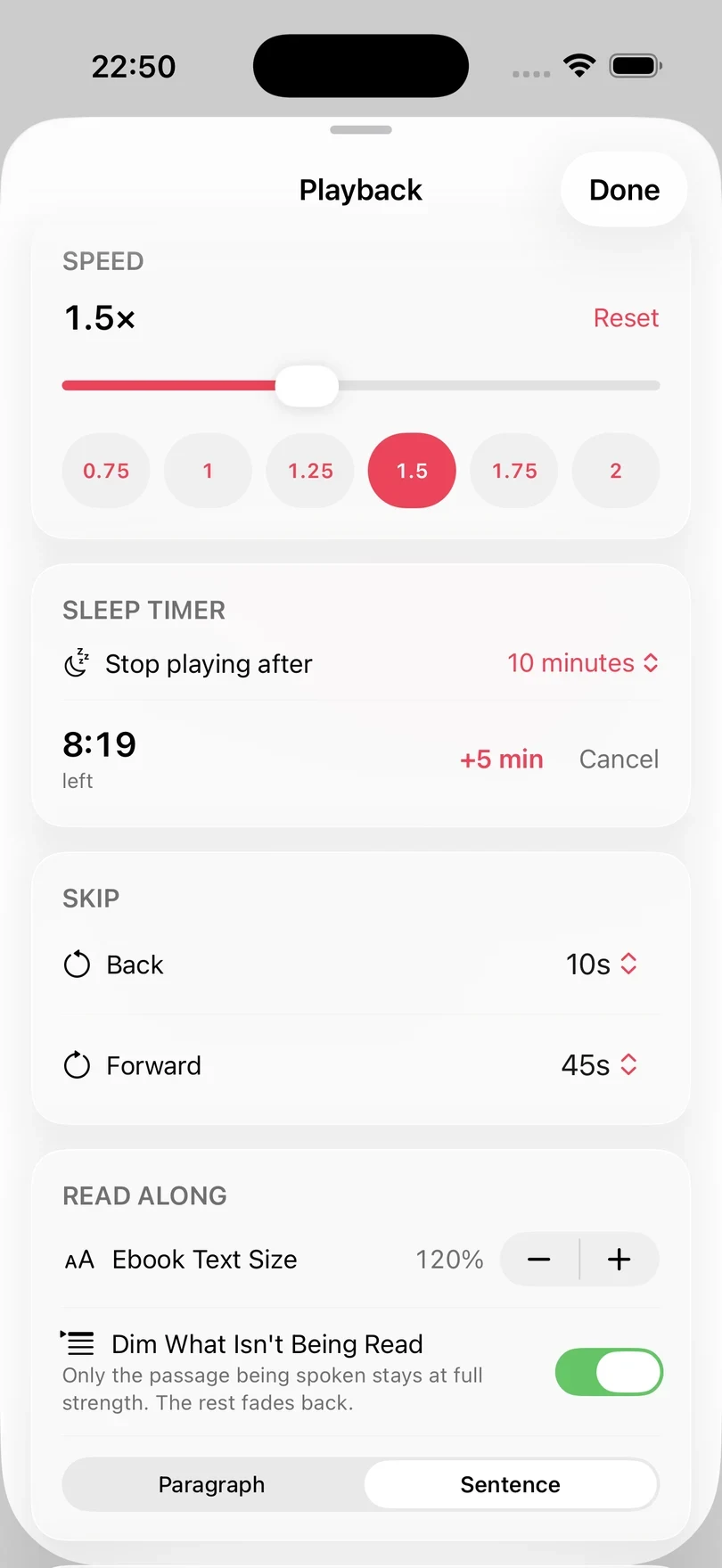 The Playback sheet with the speed at 1.5×, a sleep timer showing 8:19 left beside +5 min and Cancel, skip intervals of 10 and 45 seconds, and the Read Along settings.