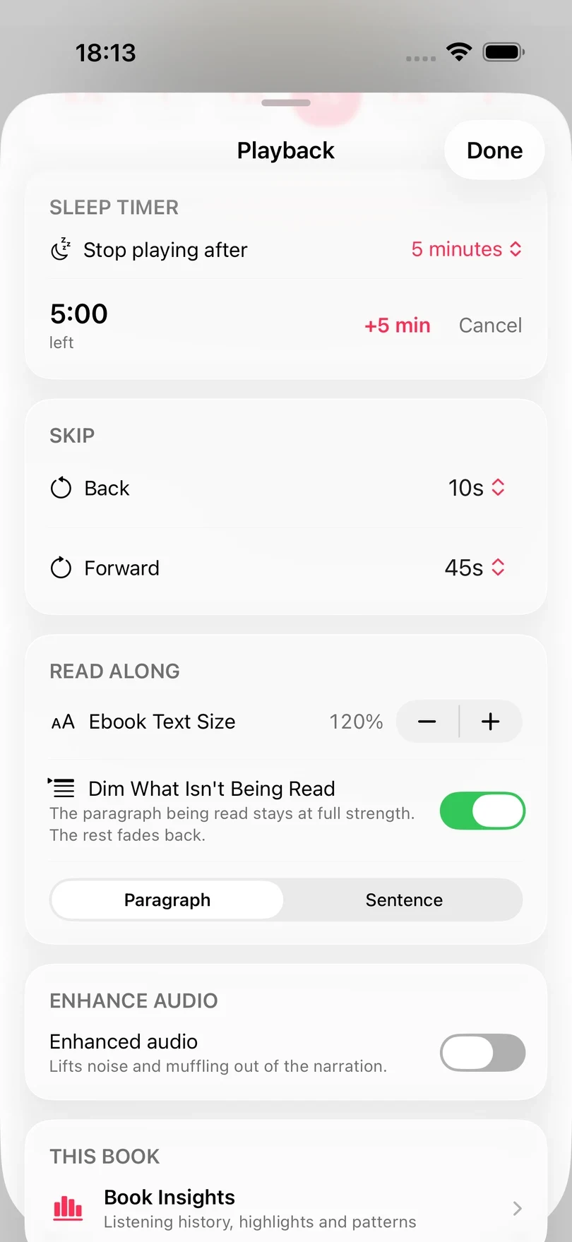 The Playback sheet scrolled past the sleep timer, skip intervals and Read Along settings to the Enhance Audio section, where the Enhanced audio switch is off, above This Book and Book Insights.