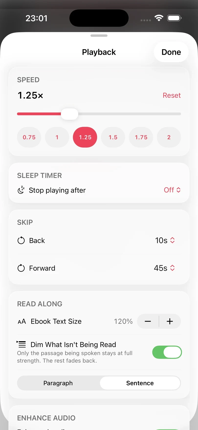 The Playback sheet with speed presets, the sleep timer, skip intervals, and the Read Along section, where Dim What Isn't Being Read is on and Sentence is selected.
