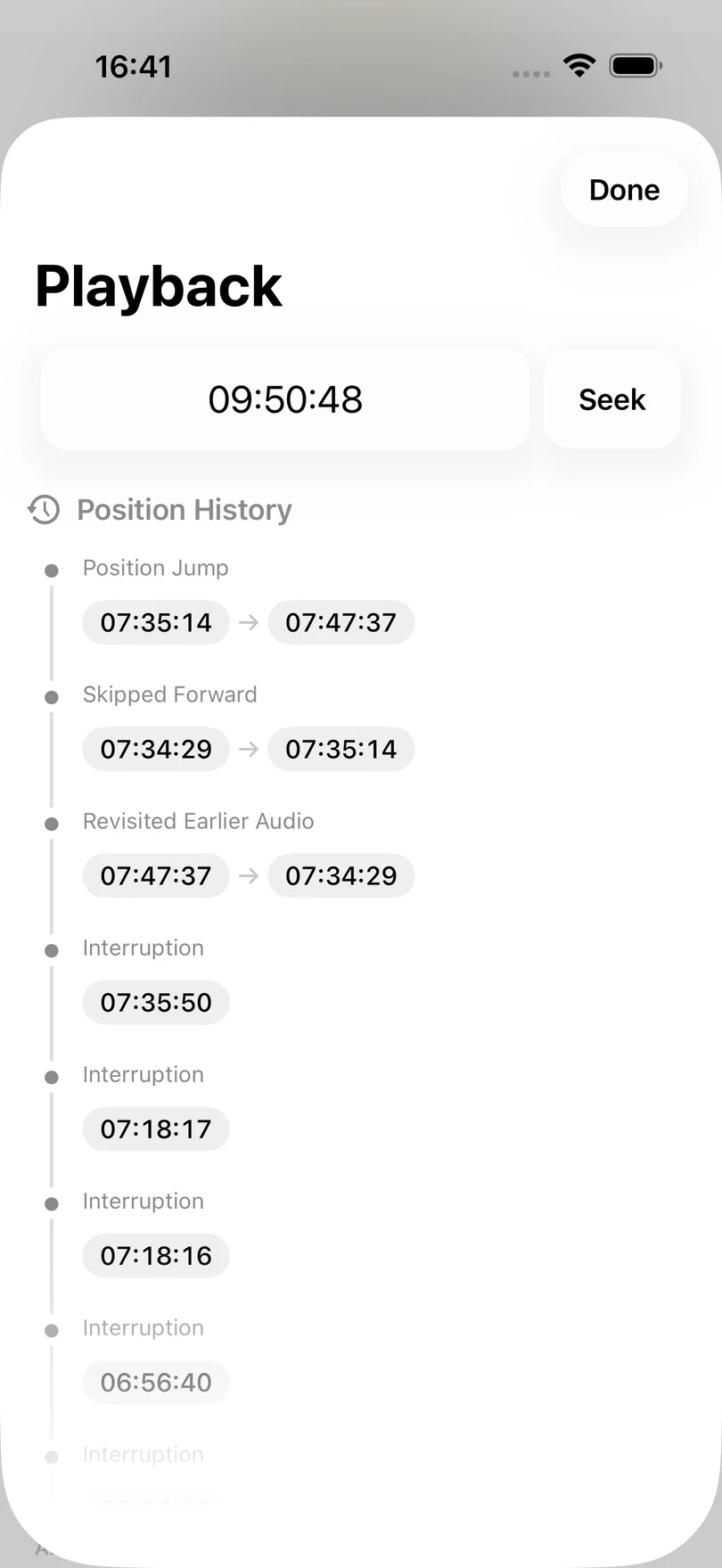 The Playback position screen with a Seek field above a Position History list of skips, revisits, and interruptions, each with its from and to times.