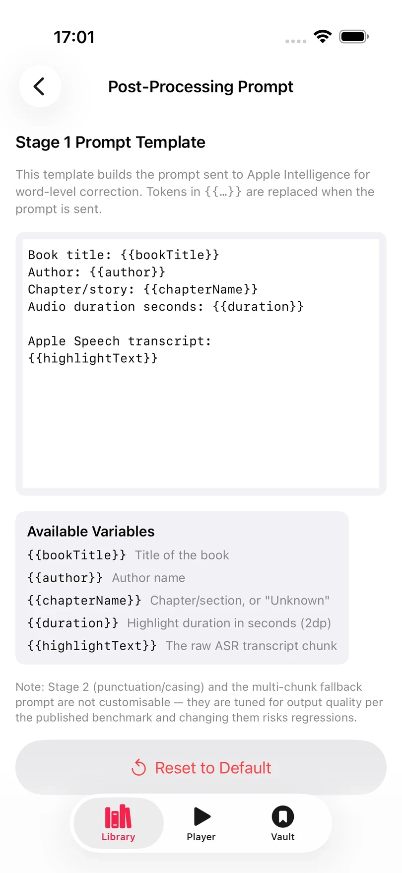 The Post-Processing Prompt screen, with the Stage 1 prompt template above the list of variables such as bookTitle, author, chapterName, duration, and highlightText, and a Reset to Default button.