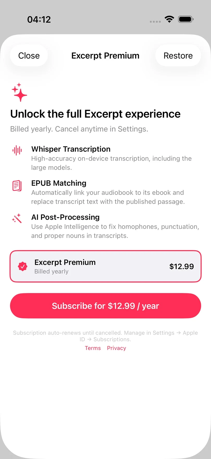 The Excerpt Premium sheet, listing Whisper Transcription, EPUB Matching, and AI Post-Processing above the yearly price of $12.99 and a Subscribe for $12.99 / year button.