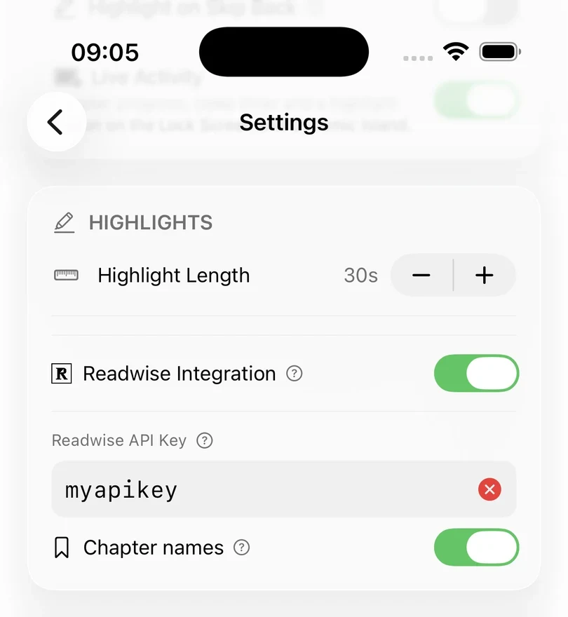 Excerpt Settings with Readwise Integration switched on, a red cross at the end of the Readwise API Key field, and the Chapter names switch below it.