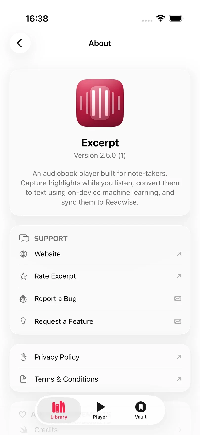 The About screen, with the Excerpt icon and version number above Website, Rate Excerpt, Report a Bug, Request a Feature, Privacy Policy, and Terms & Conditions.