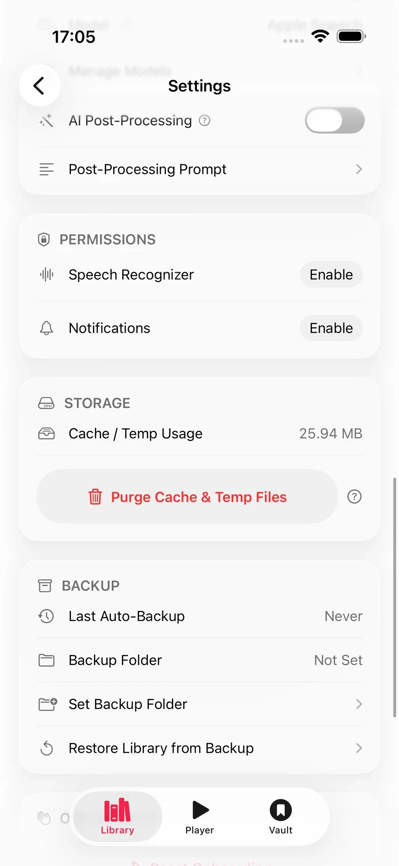 Excerpt Settings scrolled to Permissions, with Enable buttons for Speech Recognizer and Notifications, above the Storage and Backup sections.