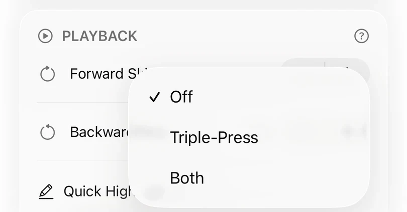 The Playback section of Excerpt Settings with the Quick Highlight menu open, offering Off, Triple-Press, and Both.