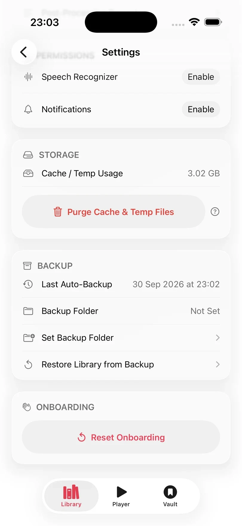 Settings on iPhone, with the Storage section above the Backup section, which shows the last auto-backup, the backup folder, and Restore Library from Backup.