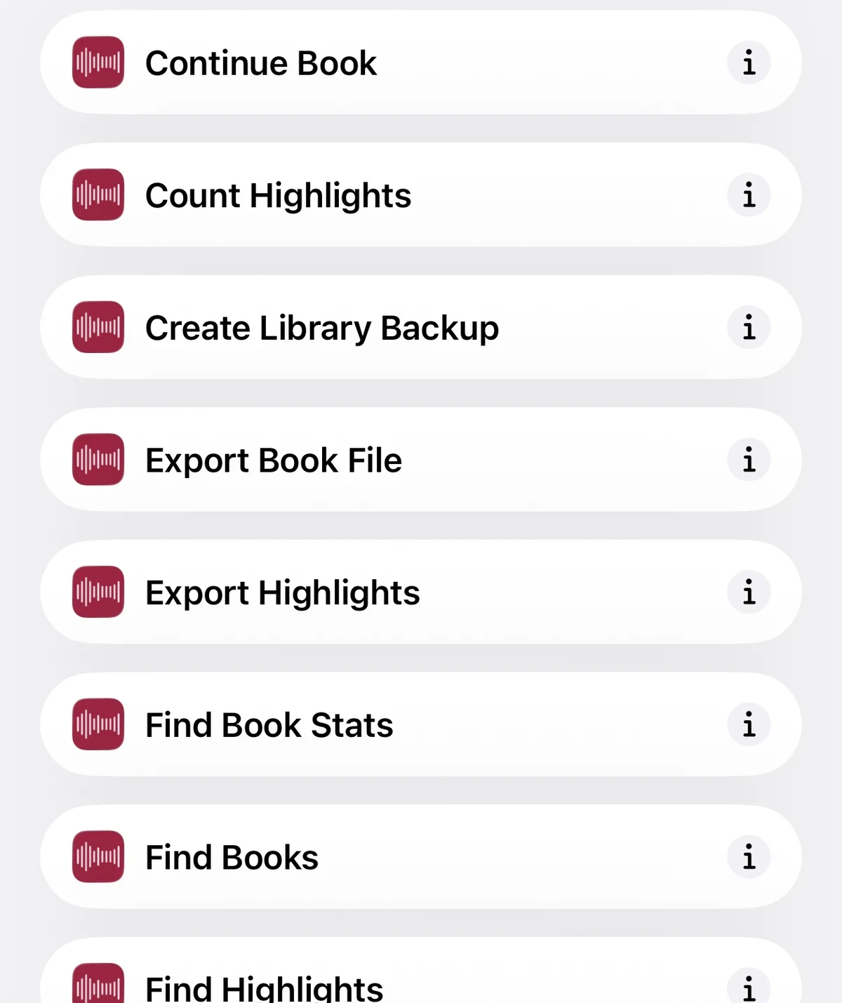 The Shortcuts app listing Excerpt's actions, including Continue Book, Count Highlights, Create Library Backup, Export Book File, Export Highlights, Find Book Stats, Find Books, and Find Highlights.