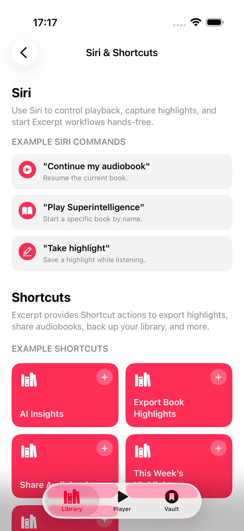 The Siri and Shortcuts screen in Excerpt, showing example voice requests and shortcut tiles