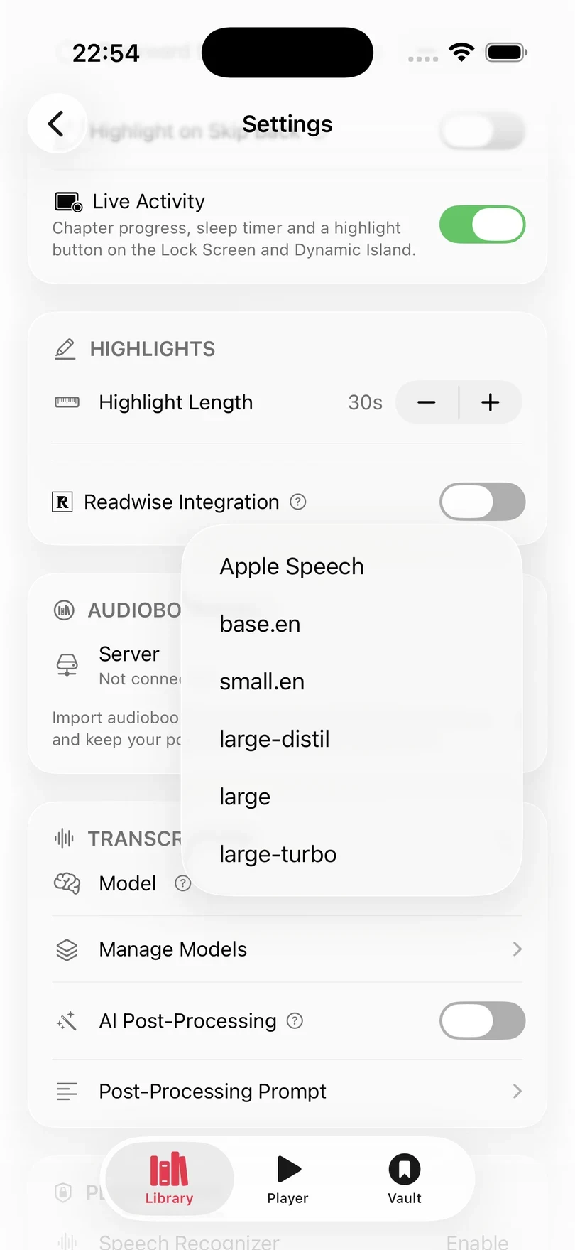 Excerpt Settings with the transcription Model menu open, listing Apple Speech, base.en, small.en, large-distil, large, and large-turbo.