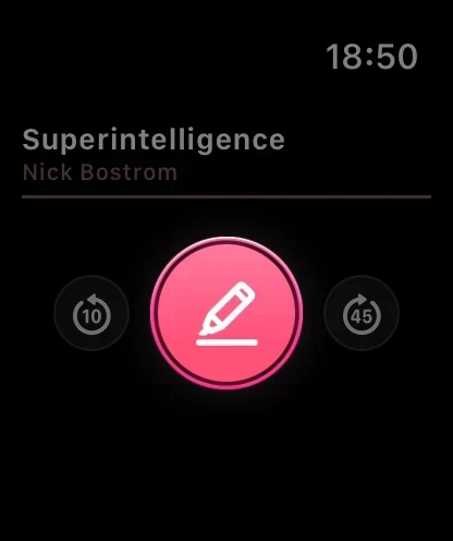 The Excerpt watch app showing a book’s title and author, with skip back and skip forward buttons either side of a central action button.