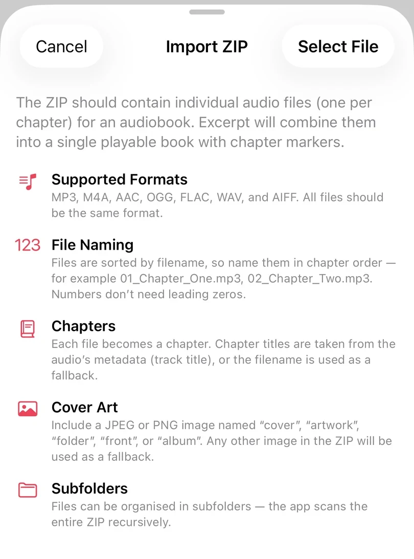 The Import ZIP instruction sheet, with rows for Supported Formats, File Naming, Chapters, Cover Art, and Subfolders.
