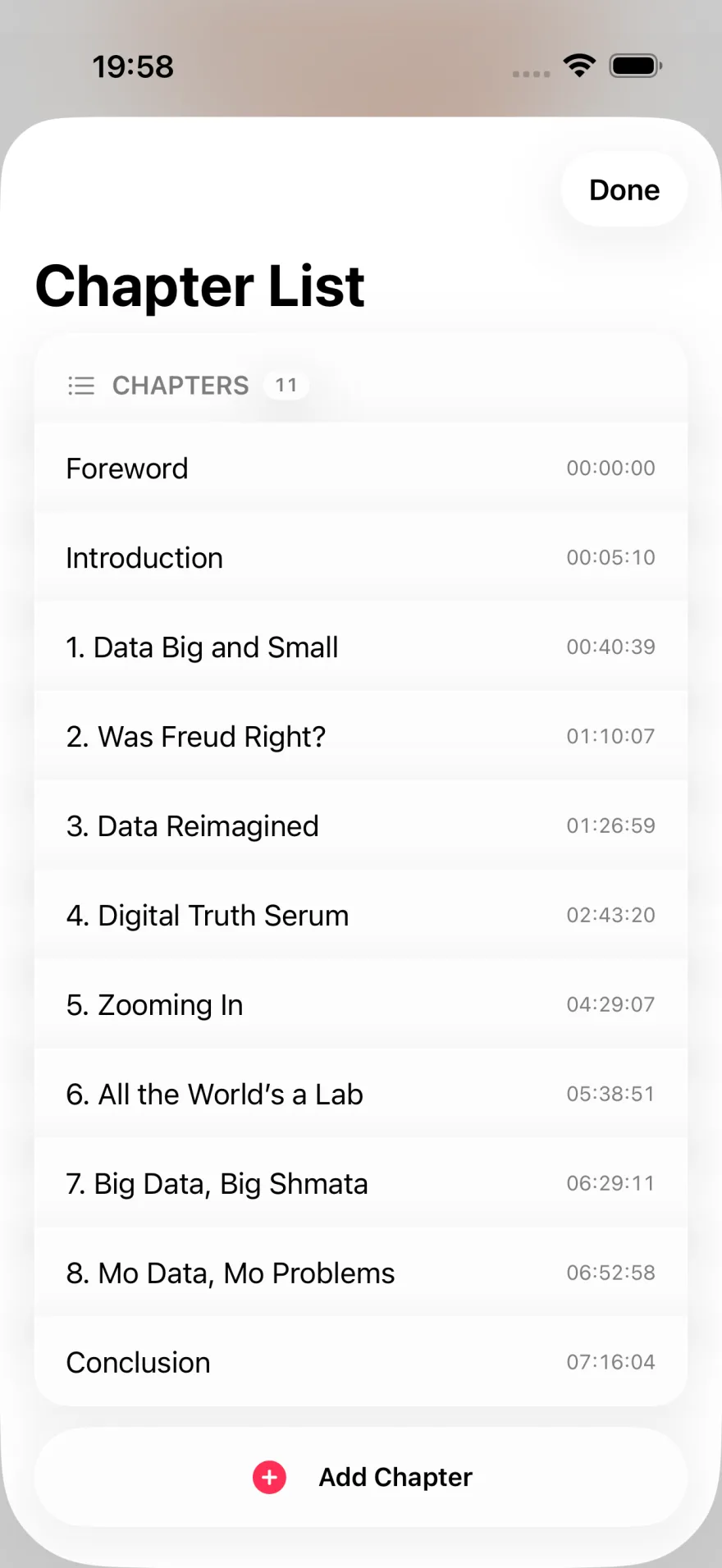 Excerpt chapter list screen