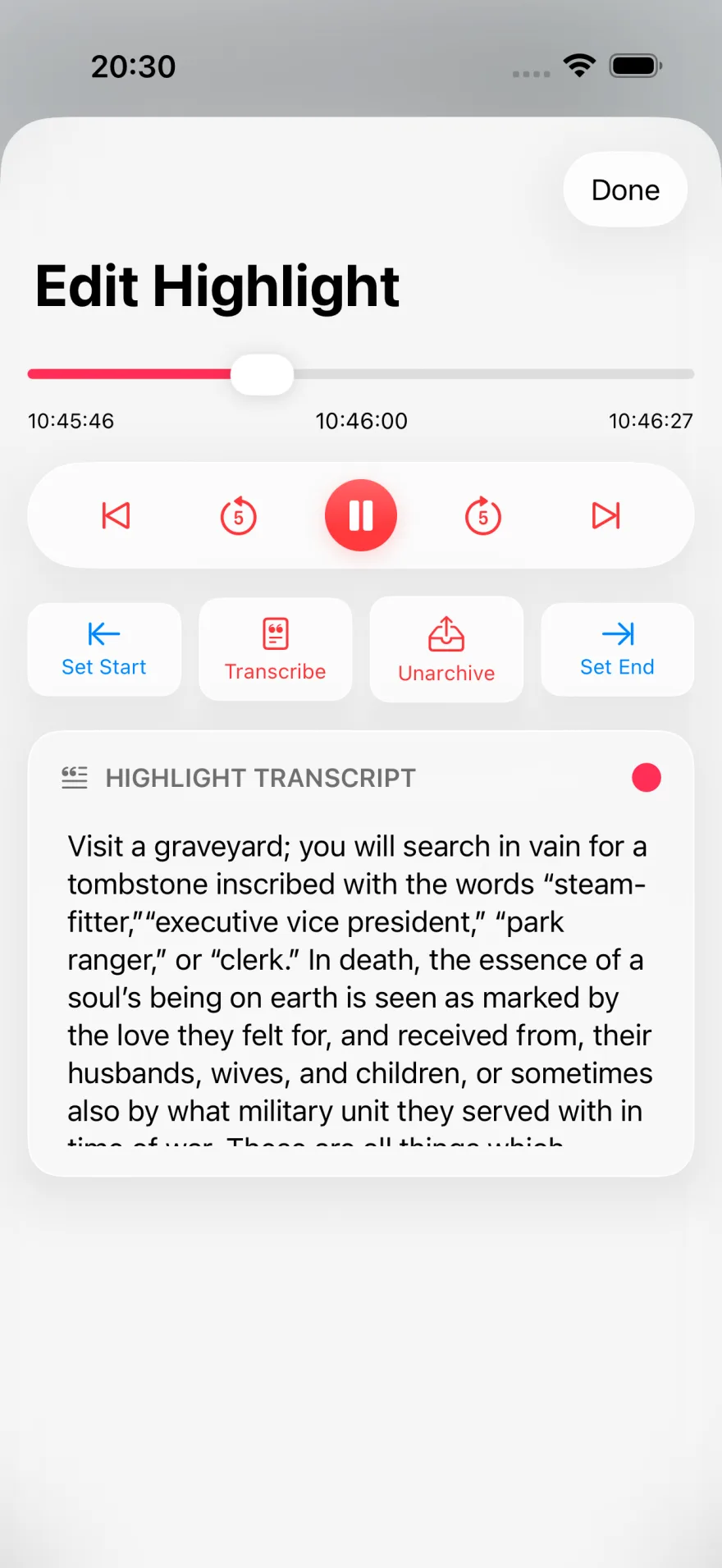 Excerpt edit highlight screen