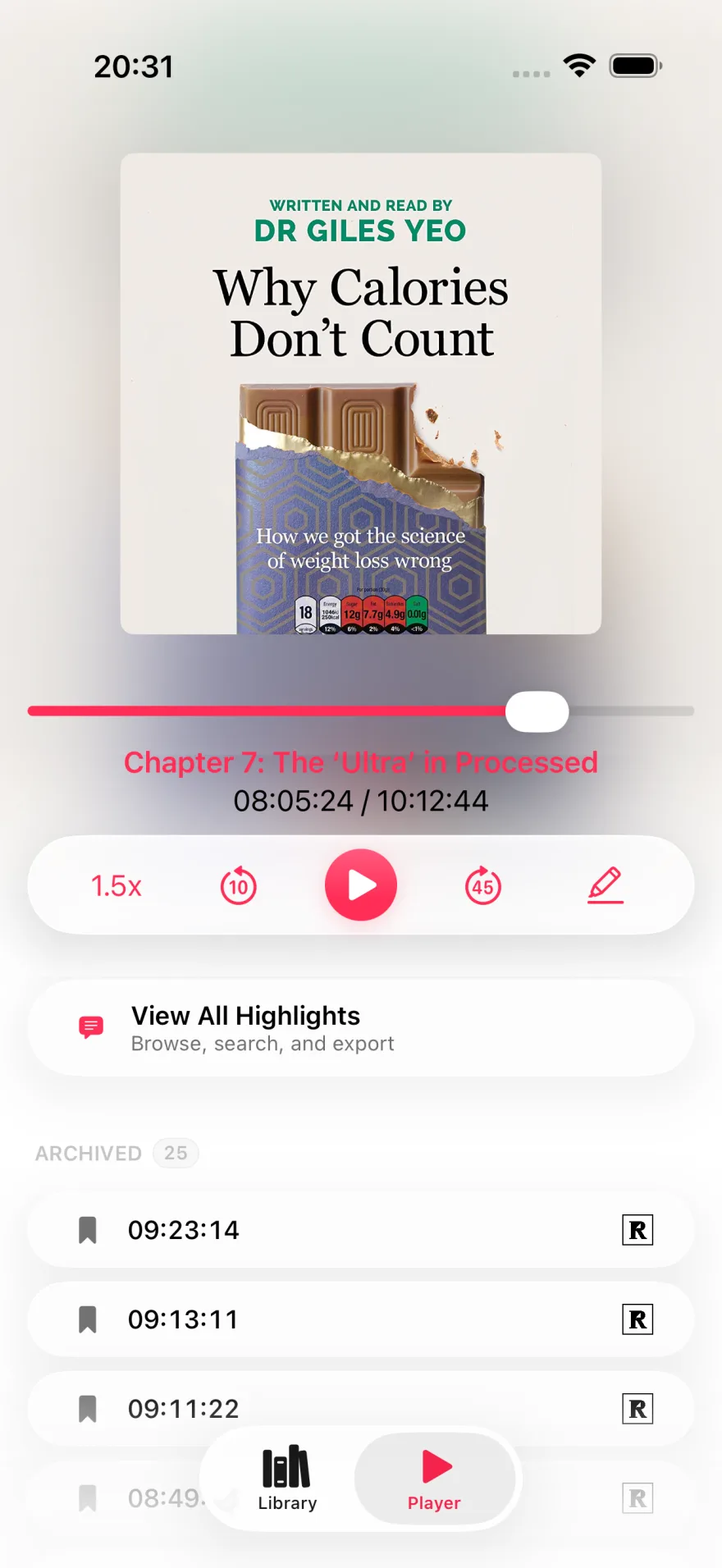 Excerpt player and highlights screen