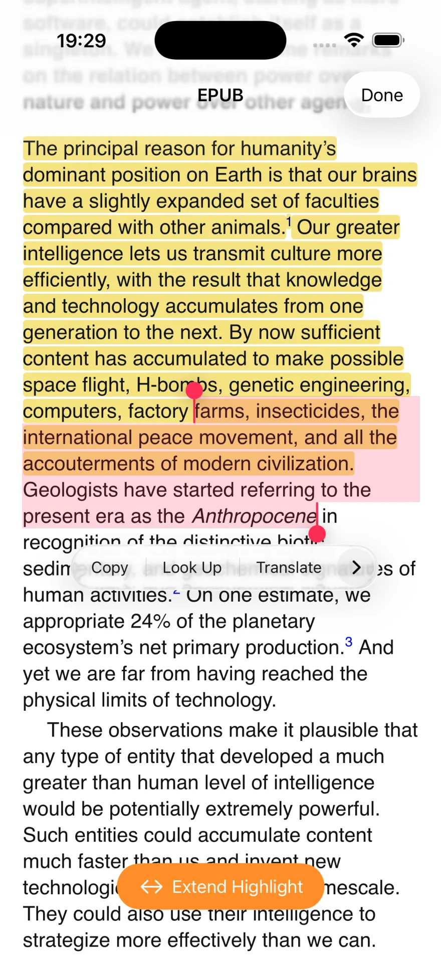 Excerpt EPUB view showing highlight extension