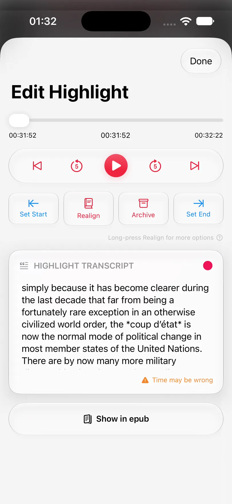 Capturing a highlight while the book plays, then opening it to its transcript and the EPUB match indicator