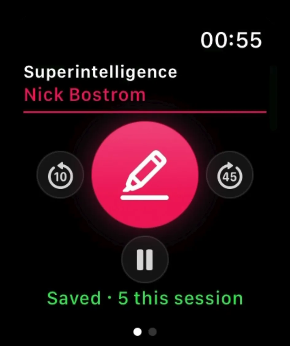 The Excerpt Watch app: the current book and author above a highlight button, with skip controls either side and the session's saved highlights below