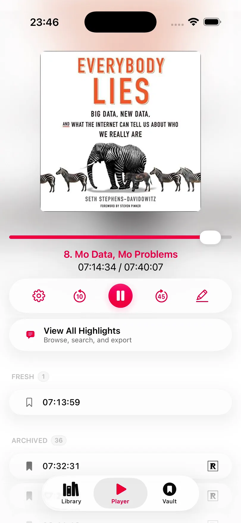Tapping the highlighter while an audiobook plays, and the new highlight appearing under the player.