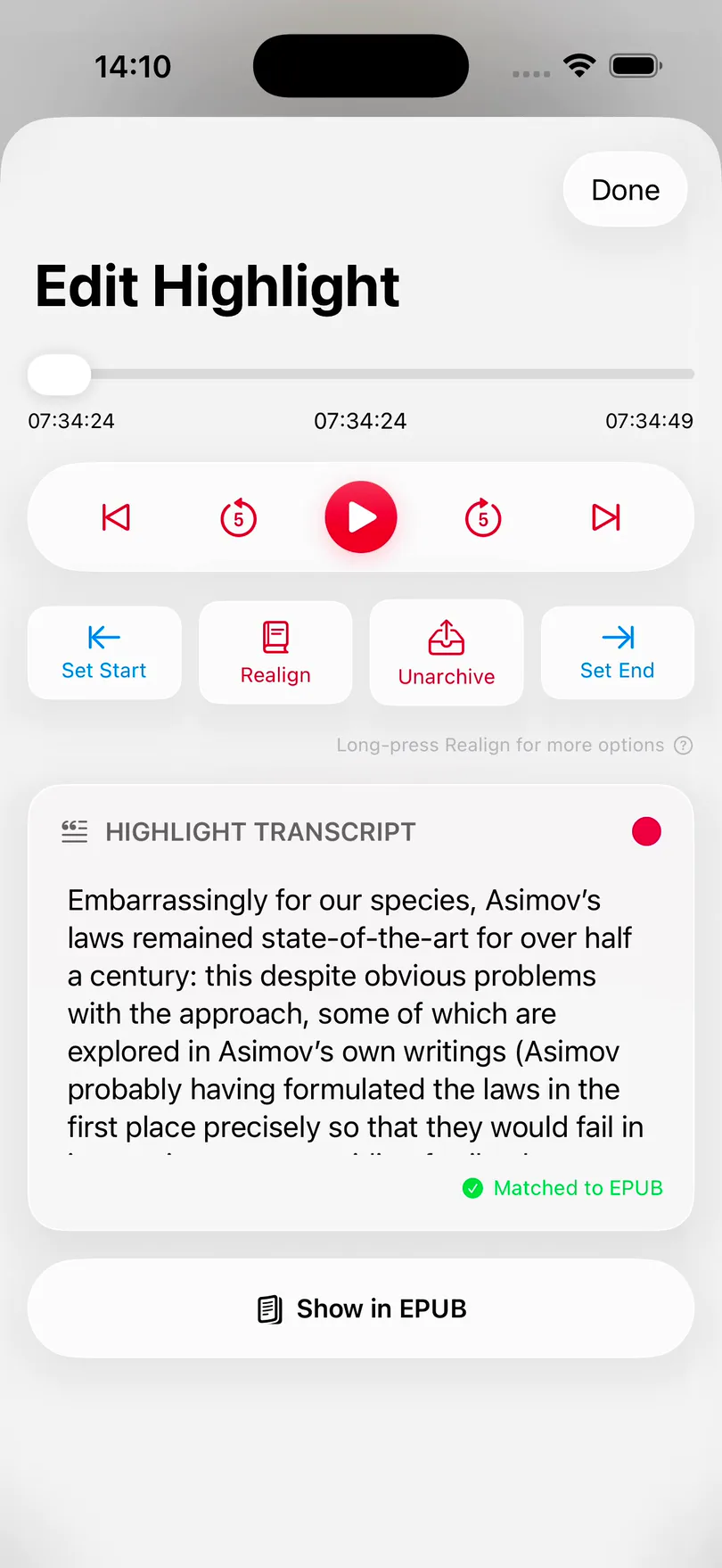 The Edit Highlight sheet for a transcribed highlight. Choosing Match with EPUB replaces the transcription with the same sentence from the ebook, and the highlight is marked Matched to EPUB.